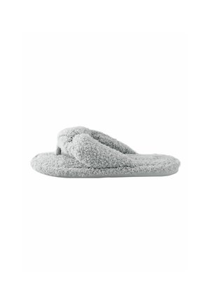 Gray fuzzy open-toe slipper with a thick plush strap and cushioned sole, designed for indoor comfort.