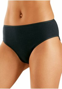 Melnas kokvilnas bikses ar gludu tekstūru, augsta vidukļa dizainu un kontrastējošu elastīgu jostu. Nav redzamu rakstu vai papildu detaļu.