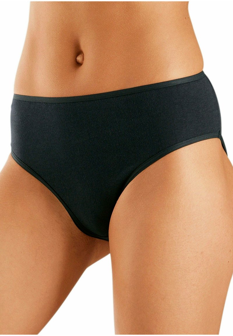 Melnas kokvilnas bikses ar gludu tekstūru, augsta vidukļa dizainu un kontrastējošu elastīgu jostu. Nav redzamu rakstu vai papildu detaļu.