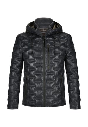 Schwarze gesteppte Lederjacke mit Kapuze, Frontreißverschluss und Reißverschlusstaschen an Brust und Seiten, für kaltes Wetter entworfen.