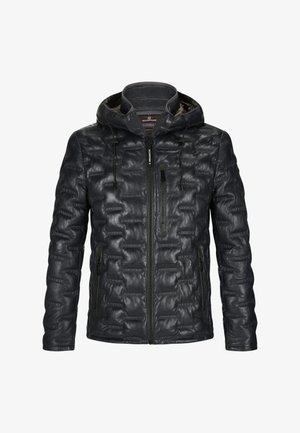 Black quilted leather jacket with hood, front zipper, and zippered pockets on chest and sides, designed for cold weather.
