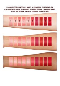 Color swatches on three skin-tone arms display a range of shades from soft pinks to deep reds, indicating different lipstick names above each row.