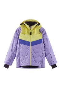 Gestepptes Jacket mit Kapuze in gelben, lila und blauen Farbkombinationen. Es hat einen Zwei-Wege-Frontreißverschluss und elastische Bündchen.