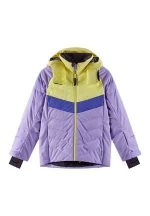 Gestepptes Jacket mit Kapuze in gelben, lila und blauen Farbkombinationen. Es hat einen Zwei-Wege-Frontreißverschluss und elastische Bündchen.