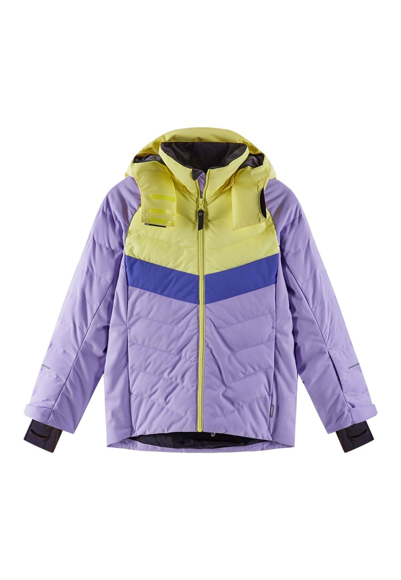 Gestepptes Jacket mit Kapuze in gelben, lila und blauen Farbkombinationen. Es hat einen Zwei-Wege-Frontreißverschluss und elastische Bündchen.