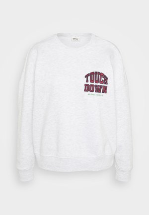 Sweatshirt gris avec un col rond. Présente "TOUCH DOWN" brodé en rouge et bleu marine sur la poitrine. Tissu doux, coupe décontractée.