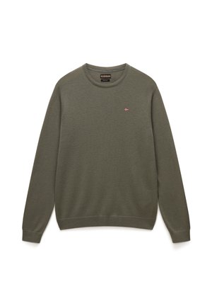 Olivově zelená bavlněná mikina, kulatý výstřih, dlouhé rukávy, žebrované manžety a spodní lem, na hrudi je malá červeno-bílá nášivka.