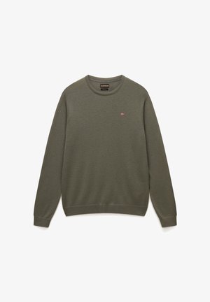 Olijfgroene katoenen sweatshirt, ronde hals, lange mouwen, geribbelde manchetten en onderkant, met een klein rood en wit logo op de borst.