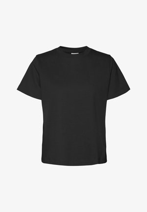 Čierne tričko s krátkym rukávom vyrobené z bavlny. Má okrúhly výstrih a rovný lem so voľným strihom. Mäkkučký povrch, bez vzorov alebo akcentov.