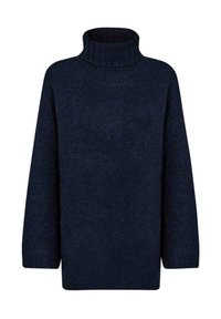 Pull à col roulé tricoté bleu marine avec manches longues, doté d'un col côtelé et d'une texture douce. Coupe décontractée avec une silhouette légèrement ample.