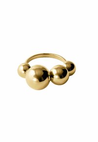 Anillo de oro con tres acentos esféricos. Superficie lisa y brillante con un diseño elegante y minimalista. Banda simple y redondeada.