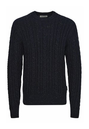 Maglione intrecciato blu navy con scollo a girocollo e polsini a costine, caratterizzato da un motivo testurizzato e delicate macchie diffuse.