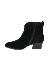 Zwarte suède enkellaars met een ronde neus, zijritssluiting en een gemiddelde blokhak voor stabiliteit. Heeft een gladde textuur.