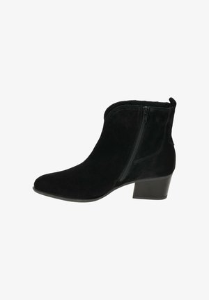 Black suede ankle boot with a rounded toe, side zipper closure, and a modest block heel for stability. Features a smooth texture.