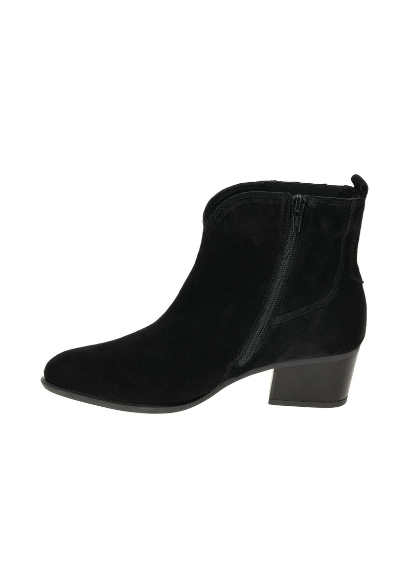 Zwarte suède enkellaars met een ronde neus, zijritssluiting en een gemiddelde blokhak voor stabiliteit. Heeft een gladde textuur.