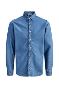 Πουκάμισο από τζιν με μακριά μανίκια, γιακά και επτά λευκά κουμπιά μπροστά, παρουσιασμένο σε λευκό φόντο.