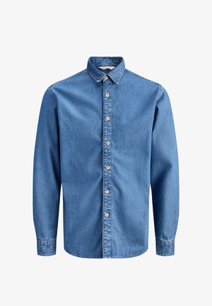 Jeans srajca z dolgimi rokavi, zapeta s sedmimi belimi gumbi spredaj, z ovratnikom, prikazana na belem ozadju.