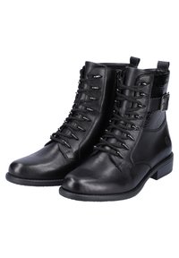 Bottines noires en cuir lisse avec un panneau texturé, dotées de lacets, d'une fermeture éclair sur le côté et d'un petit talon carré.