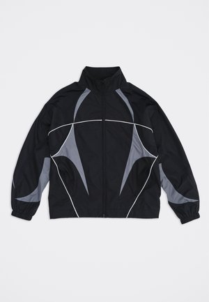 Black zip-up windbreaker jacket with gray abstract panels and white piping details, elastic cuffs, and a stand-up collar.