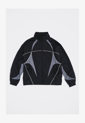 Black zip-up windbreaker jacket with gray abstract panels and white piping details, elastic cuffs, and a stand-up collar.