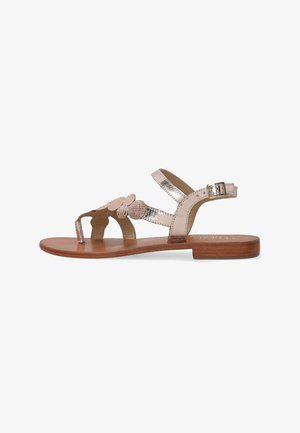 Flade sandaler med en lys brun lædersål, designet med metalisk roseguld remme og blomsterdetaljer, med en spændeankelrem.