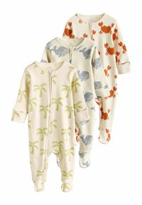 Three cotton baby rompers: one with green palm tree patterns, one with blue whale patterns, and one with orange crab designs, all with zippers.