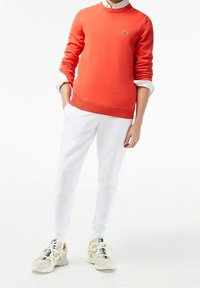 Pomarańczowy sweter z dzianiny z okrągłym dekoltem, zestawiony z białymi spodniami typu slim-fit oraz zdobionymi białymi i srebrnymi sneakersami. Na swetrze znajduje się logo Lacoste.