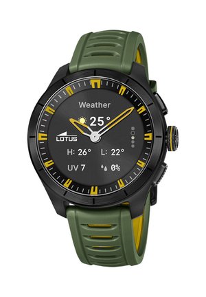 Zegarek smartwatch Lotus z czarną tarczą i zielonym paskiem wyświetlający szczegóły pogody, w tym temperaturę 25 stopni Celsjusza i wskaźnik UV 7.