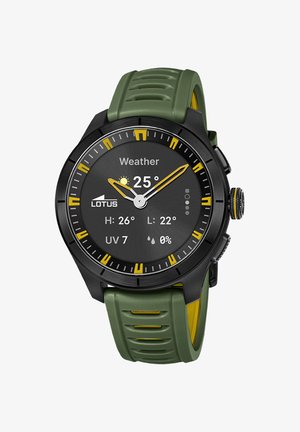 Zegarek smartwatch Lotus z czarną tarczą i zielonym paskiem wyświetlający szczegóły pogody, w tym temperaturę 25 stopni Celsjusza i wskaźnik UV 7.