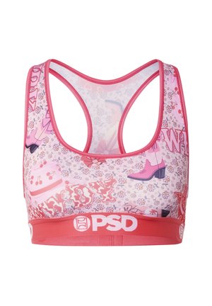 Sujetador deportivo rosa con diseño de espalda cruzada, estampado floral y de temática occidental, y logo "PSD" en la cintura elástica.