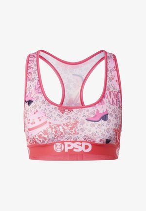 Brassière de sport rose avec design dos nageur, imprimé floral et thème western, et logo "PSD" sur la ceinture élastique.