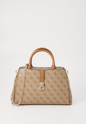 Brown patterned handbag with tan leather accents, gold hardware, double handles, and a detachable chain strap. Features logo detail on front.