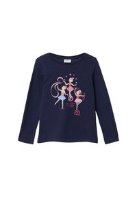 Marineblaues Langarmshirt aus weichem Material mit einer pinken Grafik von drei Tänzern, die Blumen und verspielte Elemente zeigen.