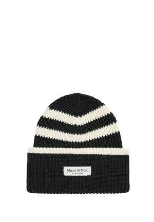 Beanie lavorato a maglia di colore nero con strisce a chevron bianche. Presenta una texture a costine e un'etichetta bianca cucita sul polsino.
