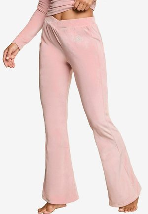 Rosa Samt-Hose mit Schlag, einem gerippten Bund und seitlichem Streifendetail; verfügt über ein gesticktes Logo an der Vorderseite nahe der Taille.