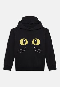 Felpa nera con grafica frontale che raffigura grandi occhi gialli di gatto e baffi bianchi. Include una tasca a marsupio e polsini a coste.