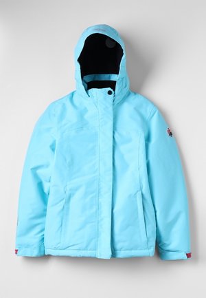 Lyseblå vinterjakke med hætte, frontlynlås og lommer, vist fladt på en hvid baggrund.