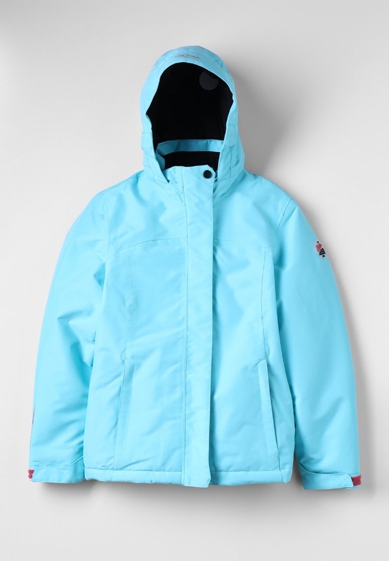 Veste d’hiver bleu clair à capuche avec fermeture éclair frontale et poches, présentée à plat sur un fond blanc.