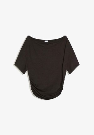 Black off-the-shoulder top with short sleeves, made from soft fabric, featuring gathered detailing on the side and a relaxed fit.