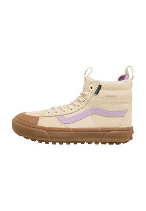 High-top beige sneaker with brown rubber sole, lavender side stripe, lace-up front, and pull tabs at ankle and heel.