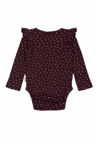 Dugi rukav bodysuit u tamnobordo boji s bijelim uzorcima srca, s nabranim detaljima na ramenu i rebrastom teksturom.