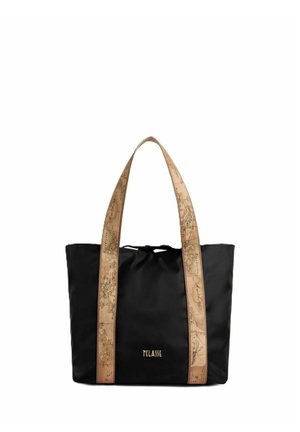 Sort tote taske med beige håndtag med kortmønster og gyldent "7 CLASSE" logo foran i midten.