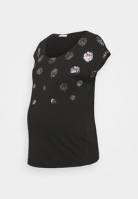 T-shirt de maternidade preta, com decote em forma de U, mangas curtas, apresentando estampados florais prateados na parte frontal. Feita de um tecido suave e elástico.