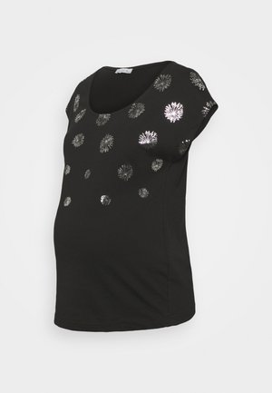 T-shirt de maternidade preta, com decote em forma de U, mangas curtas, apresentando estampados florais prateados na parte frontal. Feita de um tecido suave e elástico.