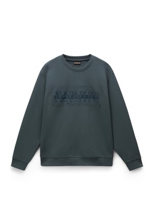 Felpa verde scuro con scollatura rotonda, polsini a coste e un logo grafico sbiadito sul davanti. Realizzata in morbido cotone.