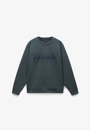 Sudadera verde oscura con cuello redondo, puños acanalados y un logotipo gráfico desgastado en la parte delantera. Fabricada en material de algodón suave.