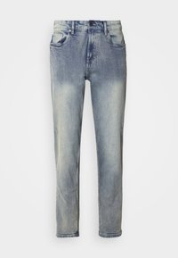 Light wash denim jeans featuring a straight leg, five-pocket design, button closure, and subtle distressed detailing near the knees.
