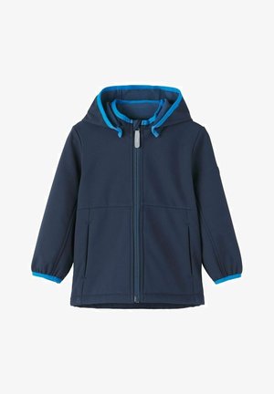 Veste softshell navy avec une doublure de capuche bleue, des poignets élastiques, une fermeture éclair à l'avant et deux poches latérales. Texture lisse, design léger.