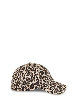 Cappellino da baseball con stampa leopardata, visiera curva e cinturino regolabile sul retro, esposto su uno sfondo bianco.
