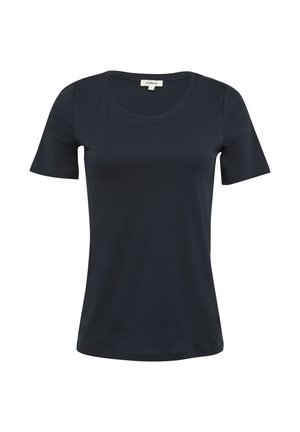 T-shirt bleu marine à manches courtes en coton. Il présente un col rond et une texture lisse avec des détails de couture subtils.